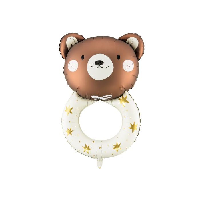 Teddy bear baby rattle foil balloon with gold stars - 88x61 cm