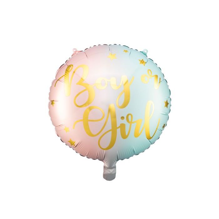 Pink and blue pastel coloured gender reveal foil balloon with gold writing - 35 cm
