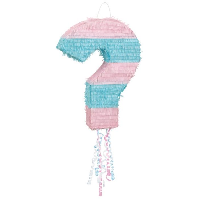 Question Mark gender reveal piñata in blue and pink 