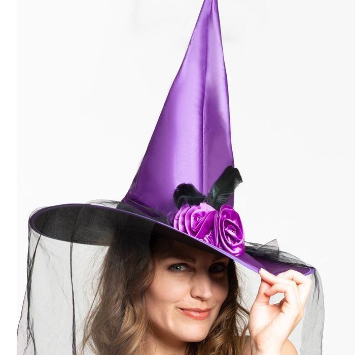 Purple witch hat with veil and flowers