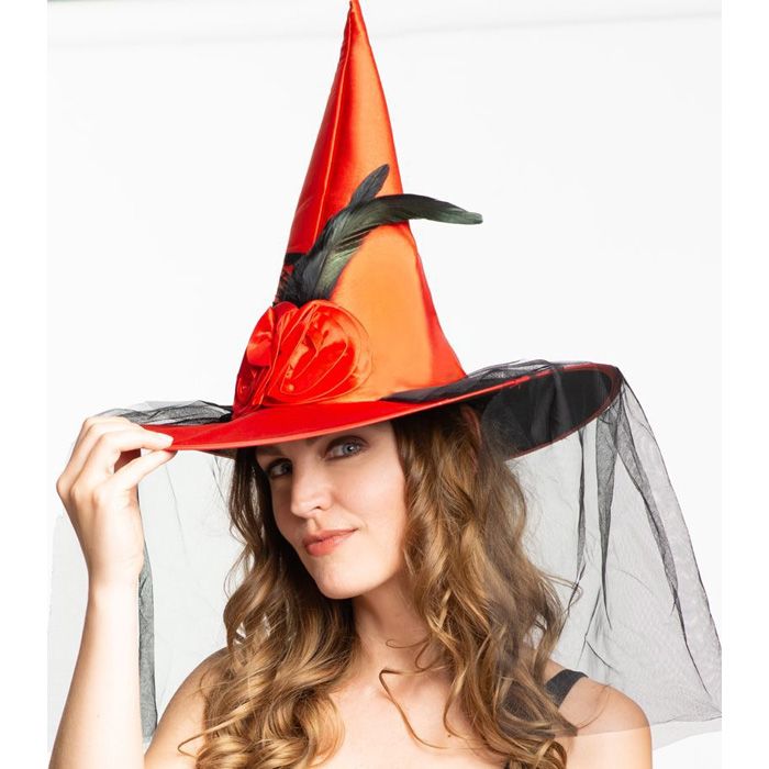 Red witch hat with veil and flowers