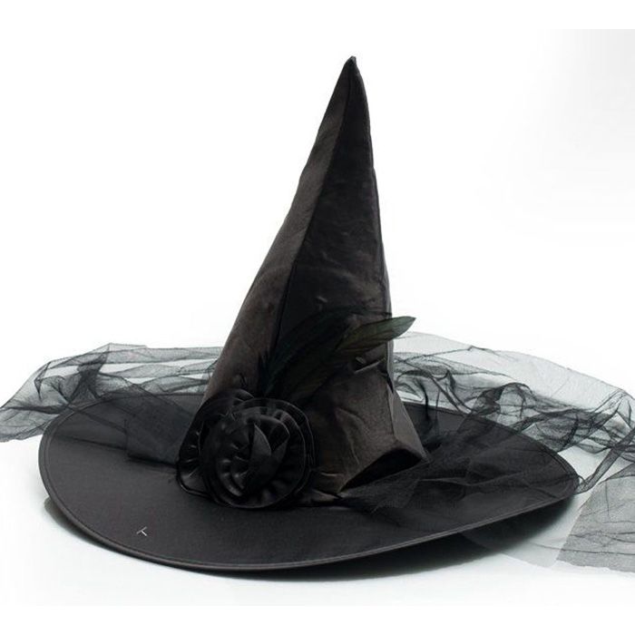 Black witch hat with veil and flowers