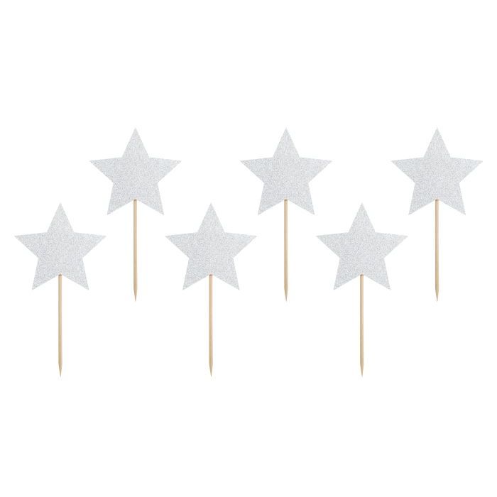 Silver glitter star food picks 6x - 11.5 cm