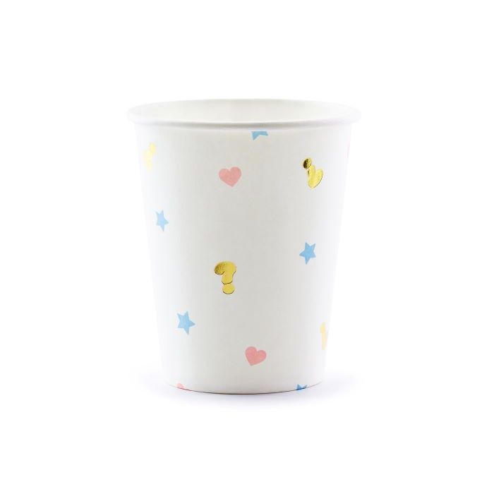 White gender reveal paper cups with designs 6x - 200 ml