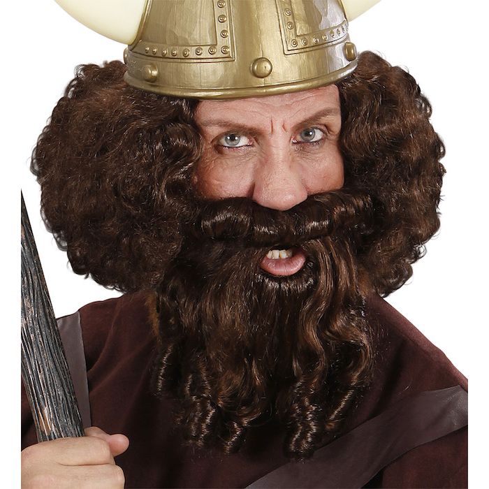 Curly brown wig with beard