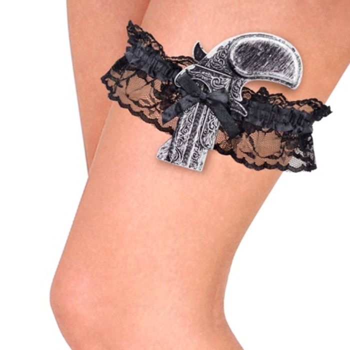Garter in black with silver antique pistol