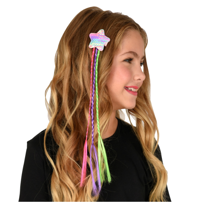 Rainbow hair extensions with star hair clip for kids