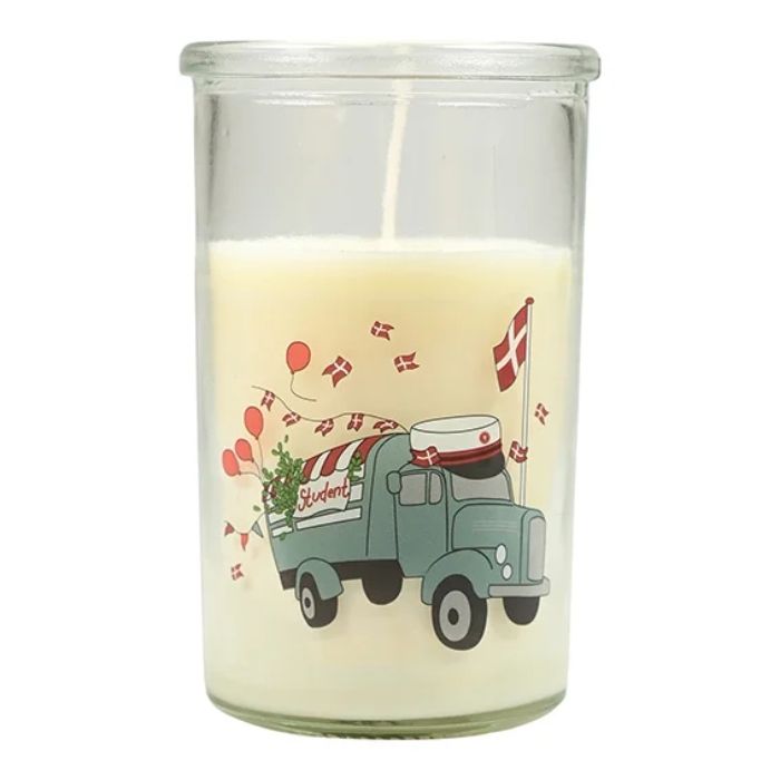Candle in glass with graduation cart motif red graduate The Old Pharmacy