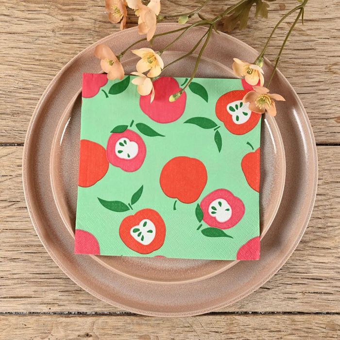 Green napkins with apple motifs 20x The Old Pharmacy