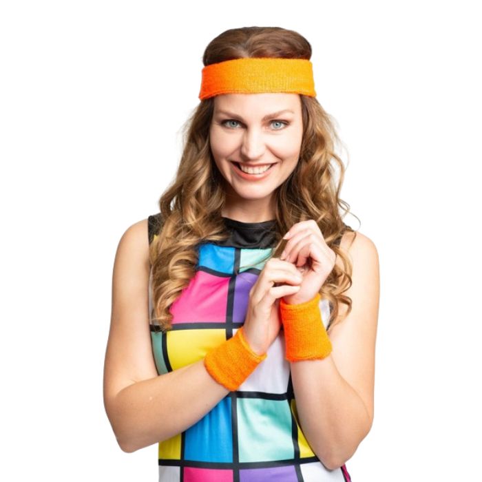 Neon orange sweatband set with 2x wristbands and headband
