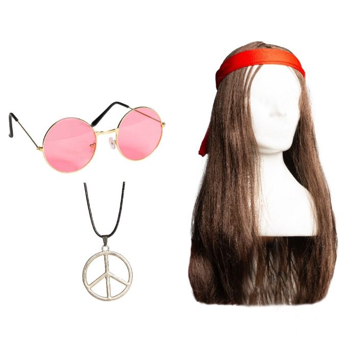Hippie set including glasses, wig with headband, and necklace for men