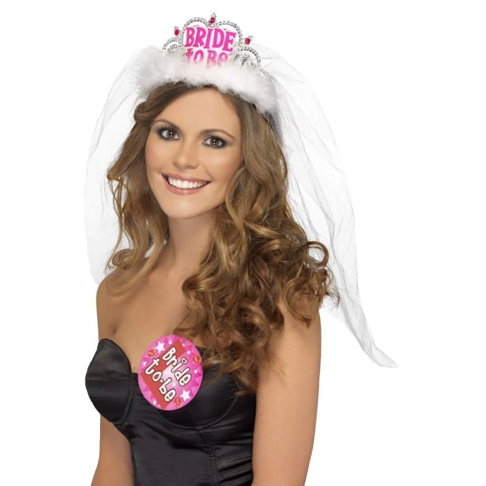 White and pink bride-to-be tiara with veil one size