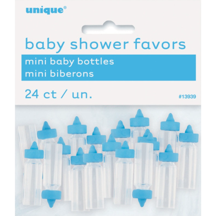 Mini baby bottles for baby showers 24x blue