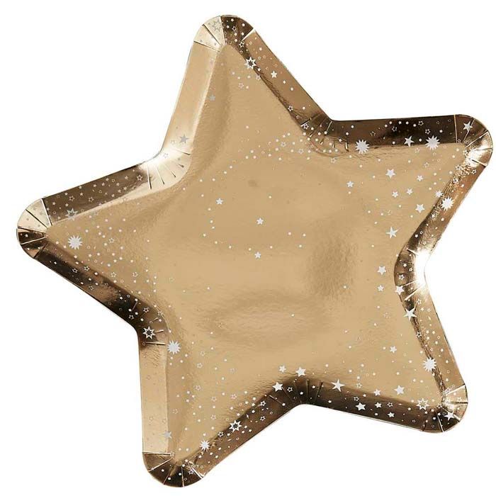 Gold Glitter Star Paper Plates 8x - 26 cm 