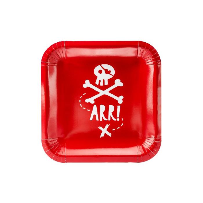 Red paper plates with white pirate design 6x - 20x20 cm