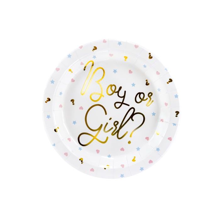 Hvide gender reveal pap tallerkner med guld skrift og motiver 6x - Ø 23 cm