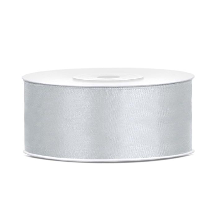 Silver coloured satin ribbon - 25 mm x 25 m