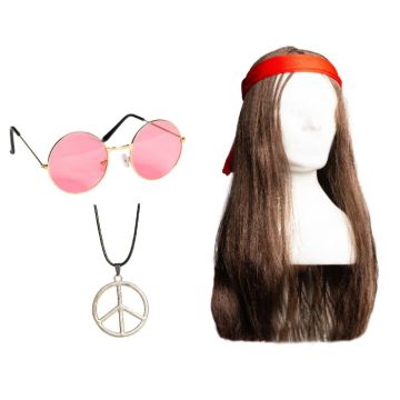 Hippie set including glasses, wig with headband, and necklace for men