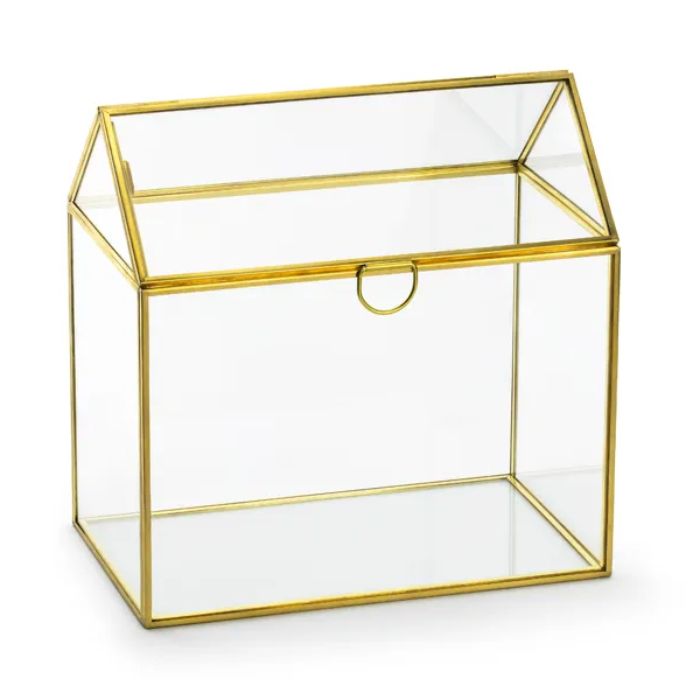 Glass house gift card holder gold 13x21x21cm