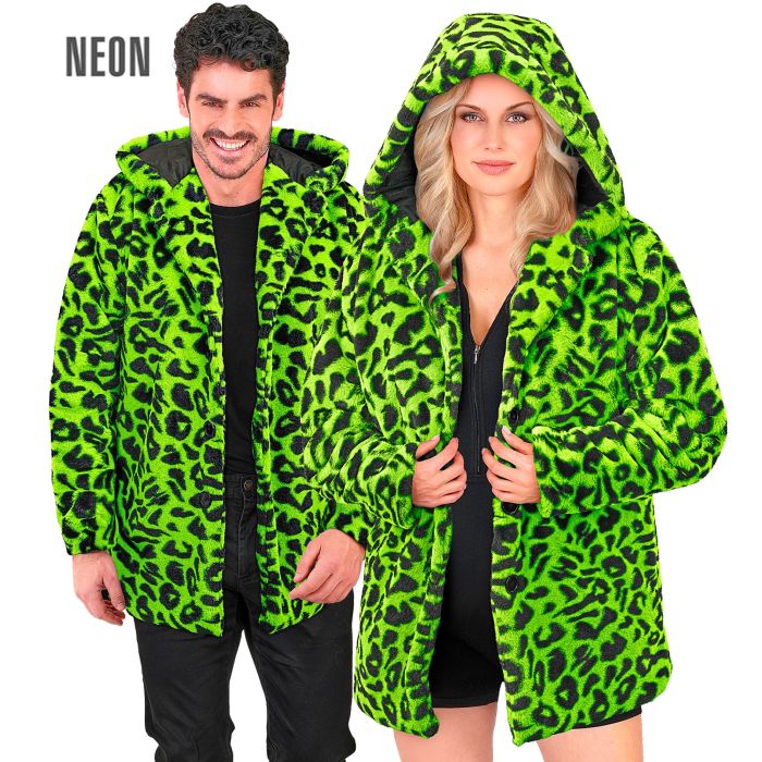 Neon Green Leopard Print Hooded Coat for Parties
