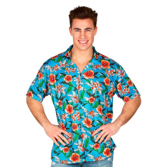 Blue hawaiian shirt with red flowers