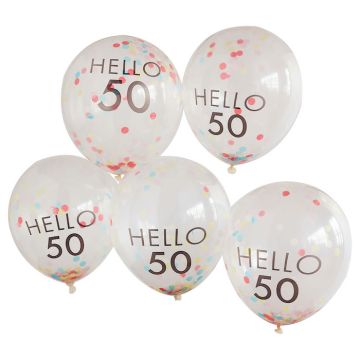Hello 50 multicoloured confetti birthday balloons 5x 