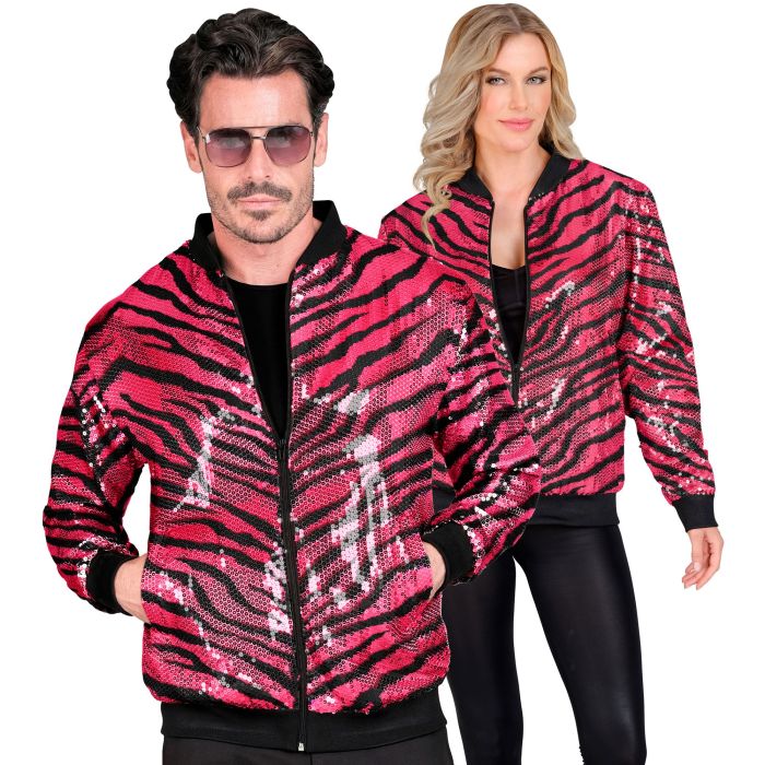 Pink Zebra Print Sequin Bomber Jacket