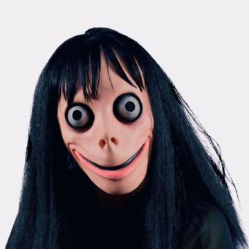 Spooky Halloween mask with large eyes and black hair