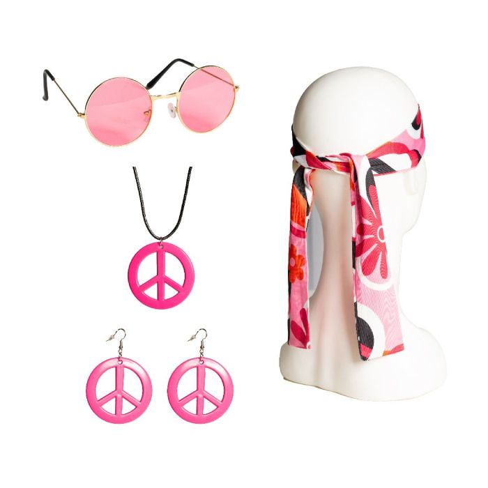 Hippie peace pink set including headband, glasses, earrings, necklace