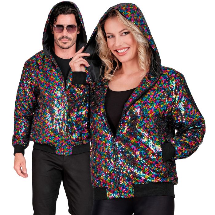 Multicoloured sequin bomber jacket with hood