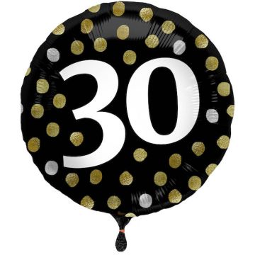 30th Birthday Foil Balloon Black with Dots - 45 cm