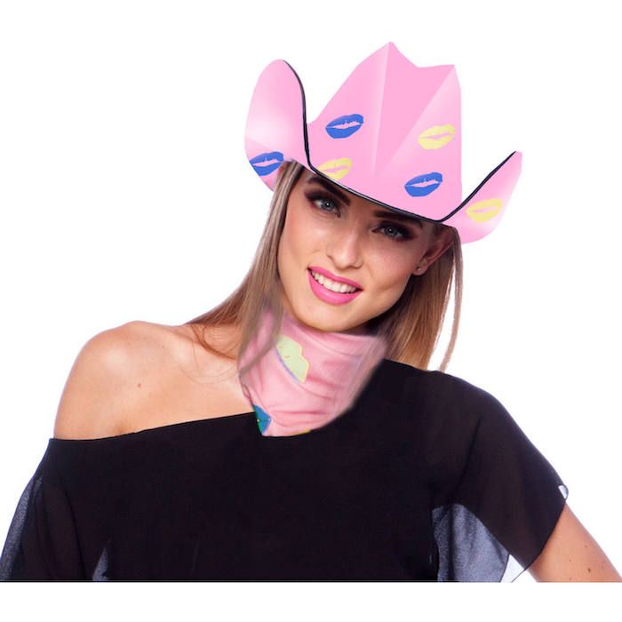 Pink cowboy hat with kiss motifs - 30x17.5 cm