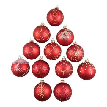Christmas baubles with glitter in red assort.