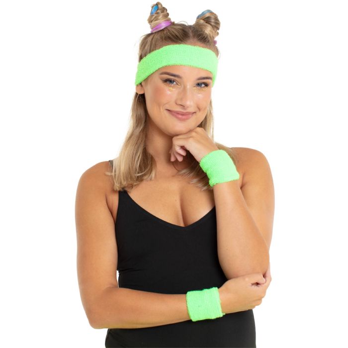 Neon Green Sweatband Set with 2x Wristbands and Headband