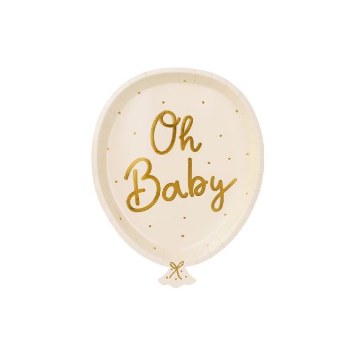 Balloon-shaped white paper plates with gold dots and gold writing 6x - 22x17.5 cm