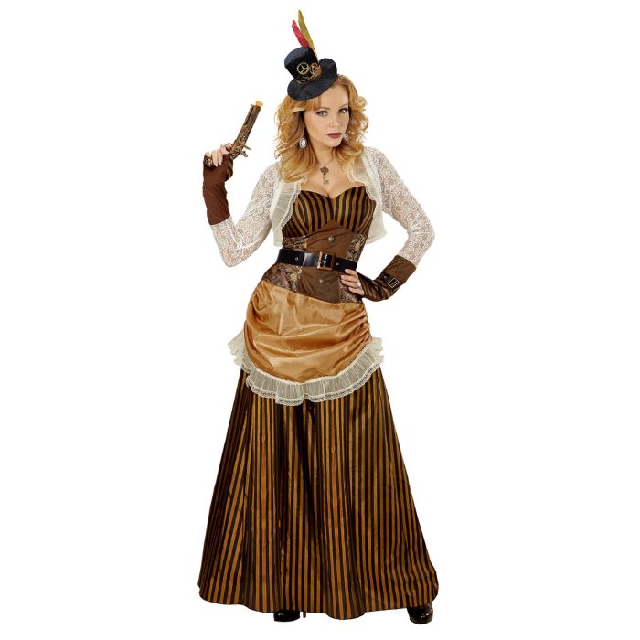 Striped steampunk dress in brown and gold