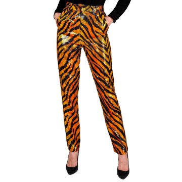 Ladies Sequin Trousers with Tiger Print in Orange