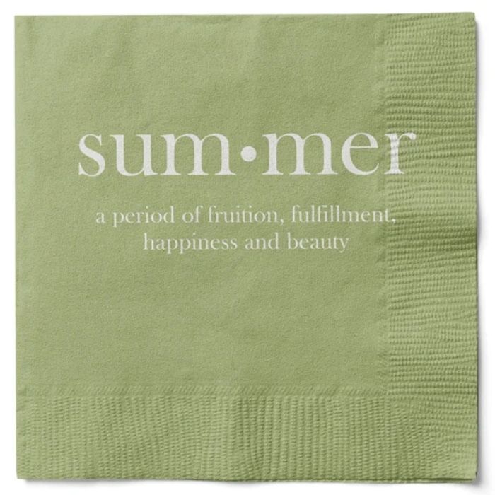 Napkins in green with white text summer 20x The Old Pharmacy