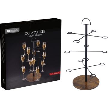 Cocktail Tree for 12 Glasses in Black Iron with Wooden Base