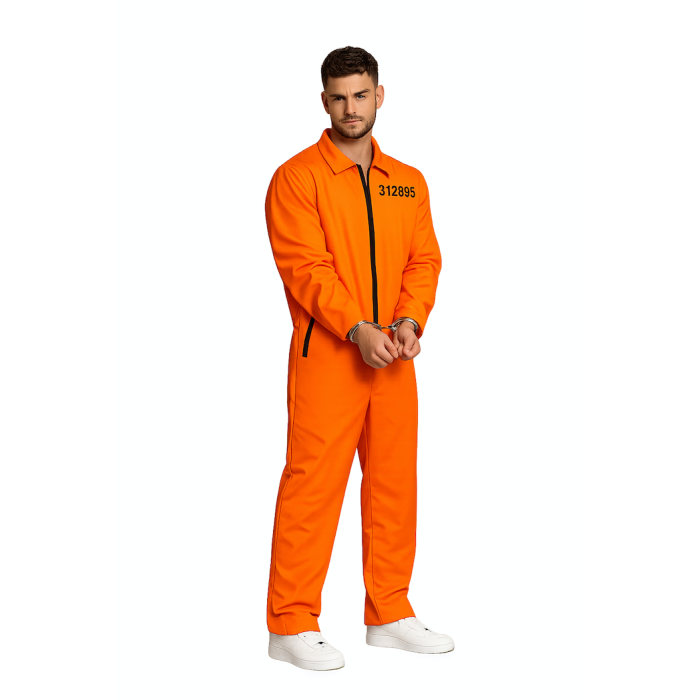 Prisoner costume orange deluxe including handcuffs