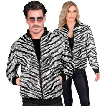 Silver Zebra Print Sequin Bomber Jacket