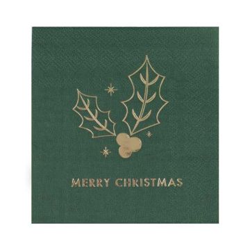 Green Merry Christmas Napkins with Gold 16x