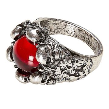 Bead ring with red bead and skulls - onesize