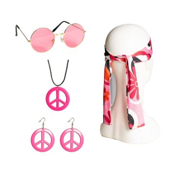 Hippie peace pink set including headband, glasses, earrings, necklace