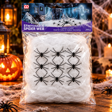 White spider web 200 g with 9 spiders - 1.5x12 meters