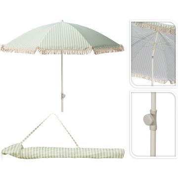 Parasol with fringes, green and natural white striped, Ø 180 cm