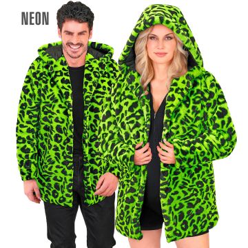 Neon Green Leopard Print Hooded Coat for Parties