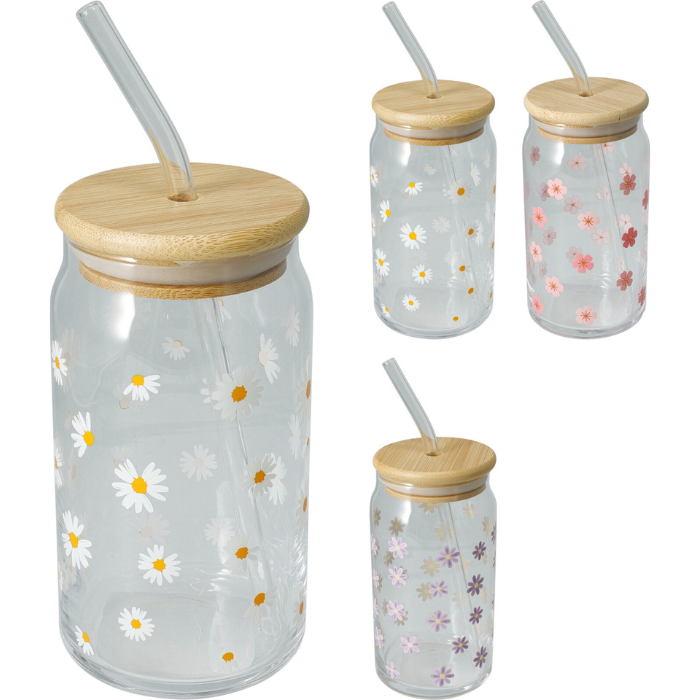 Drinking Glass with Bamboo Lid and Straw 500ml assorted