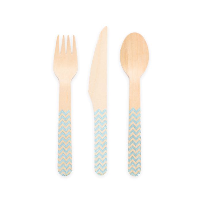 Wooden cutlery light blue patterned 18 pieces - 16 cm