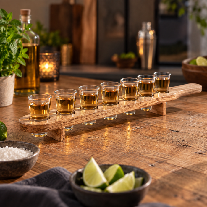 Wooden shot holder incl 6x shot glasses